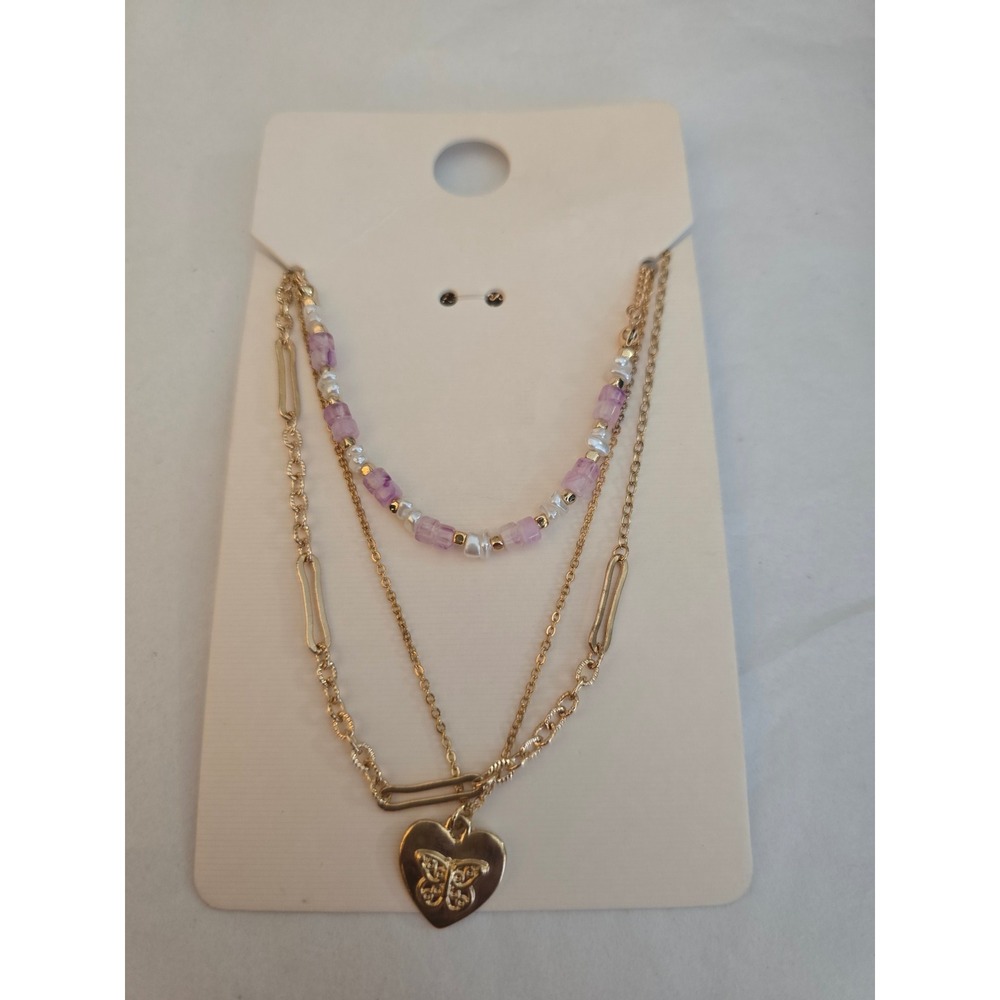 Whimsi Y2K Gold Layered Butterfly Heart Necklace Set Purple Beaded NWT